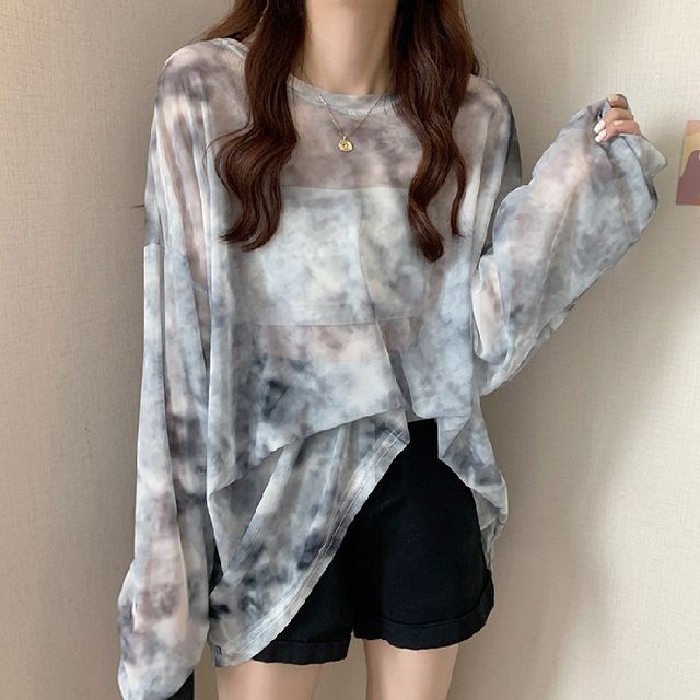 Long-Sleeve Mesh Neck Dye Tee Crew Oversized Tie