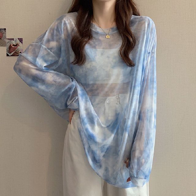 Long-Sleeve Mesh Neck Dye Tee Crew Oversized Tie