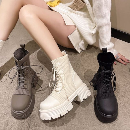 Short Faux Boots Platform Leather Lace-Up Panel Knit