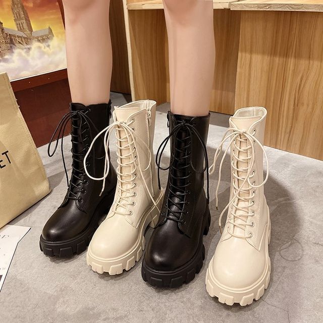 Boots Lace-Up Faux Leather Platform Short