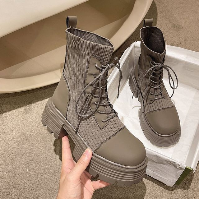 Short Faux Boots Platform Leather Lace-Up Panel Knit