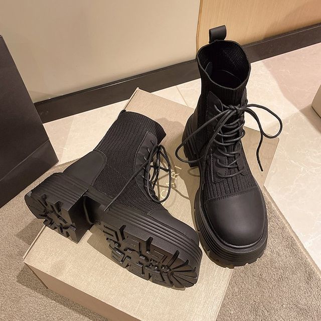 Short Faux Boots Platform Leather Lace-Up Panel Knit