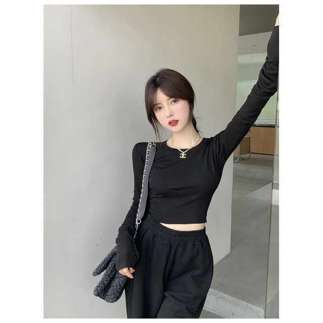 Long-Sleeve Crop Slim Tee Round Fit Neck Plain