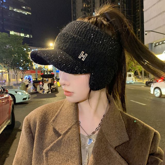 Shearling Lettering Visor Knit Hat Panel Faux