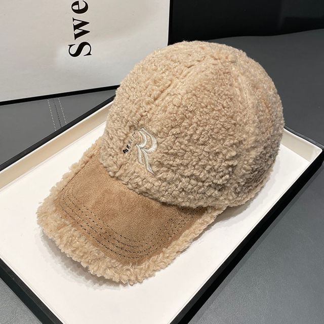 Cap Letter Embroidered Faux Shearling