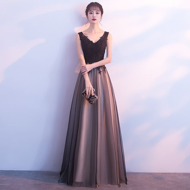 Evening Sleeveless Gown / Dress Panel A-Line Lace Mesh Cocktail V-Neck