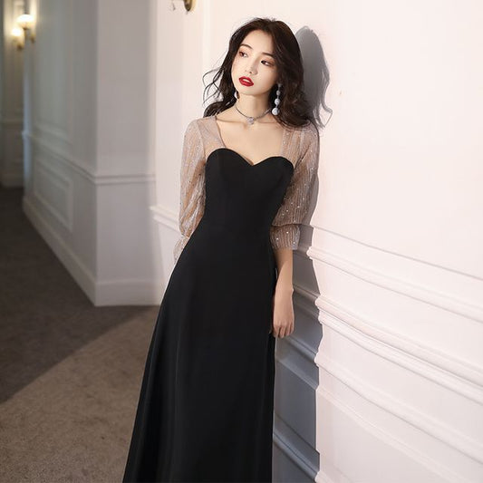 Neck A-Line 3/4-Sleeve Evening Gown Dress Sweetheart Mesh Sequin / Cocktail Panel