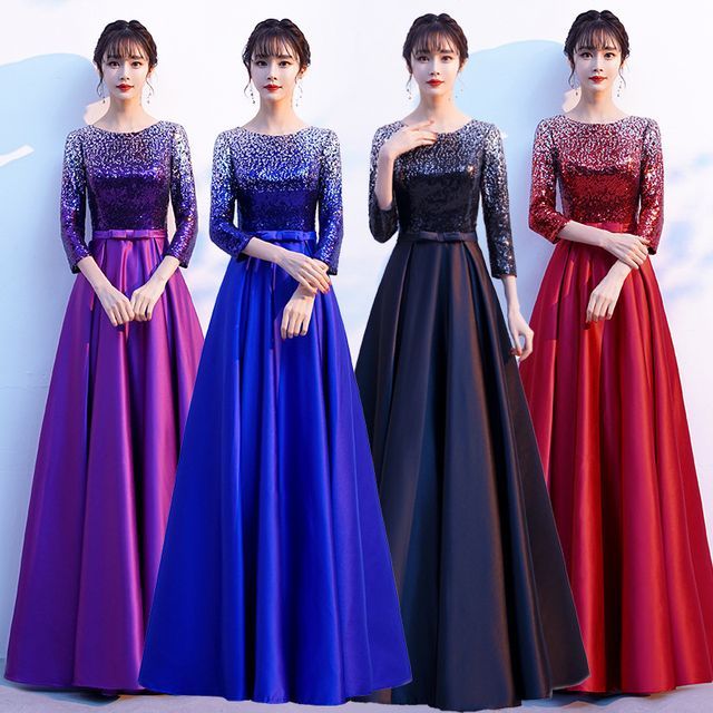 Round Sequin Evening Gown 3/4-Sleeve Satin Plain Neck A-Line