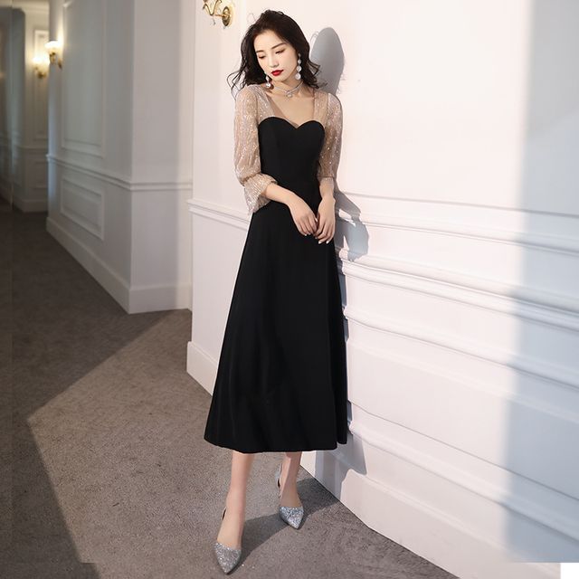 Neck A-Line 3/4-Sleeve Evening Gown Dress Sweetheart Mesh Sequin / Cocktail Panel