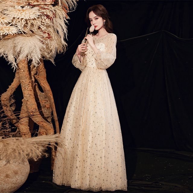 A-Line Sequin Mesh Gown Plain Evening