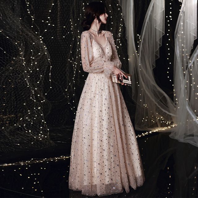 A-Line Sequin Mesh Gown Plain Evening