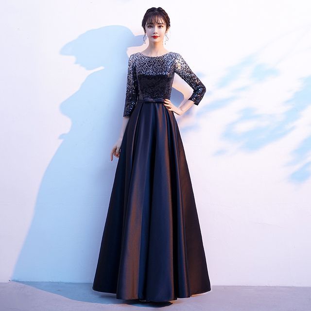 Round Sequin Evening Gown 3/4-Sleeve Satin Plain Neck A-Line