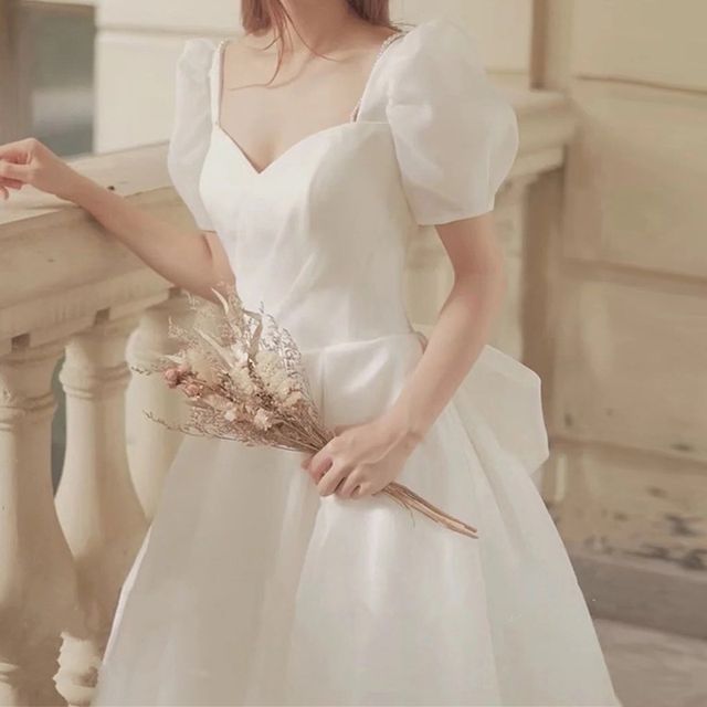 Faux Gown A-Line Puff Ruched Sleeve Plain Wedding Sweetheart Pearl Neck