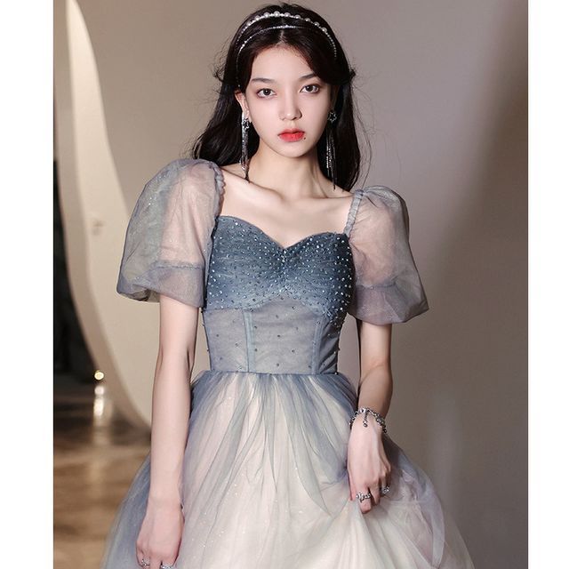 / Gradient Gown Mesh Midi Puff-Sleeve A-Line Dress Evening