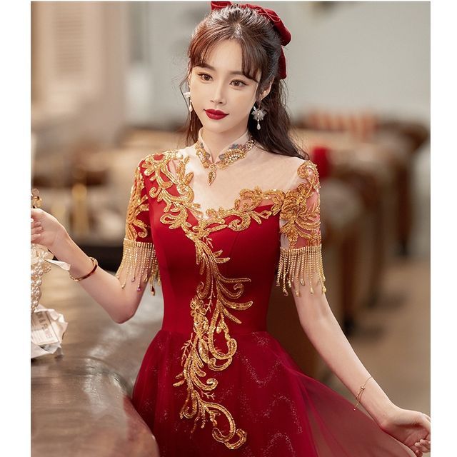 Fringed Dress / Evening Sequin Gown Midi Short-Sleeve A-Line