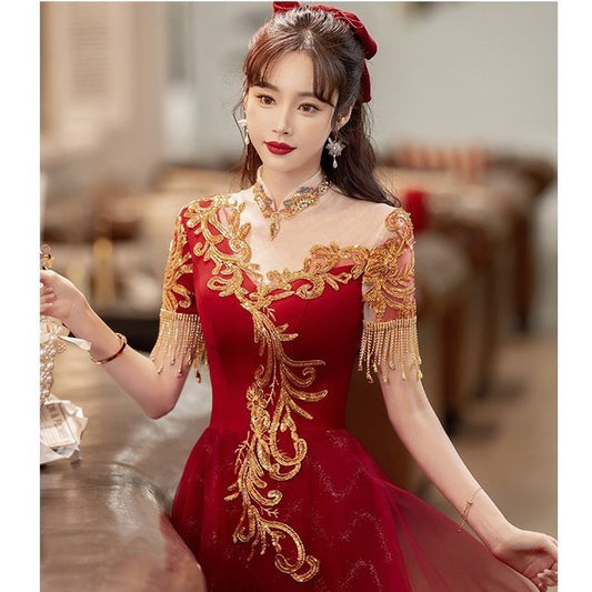 Fringed Dress / Evening Sequin Gown Midi Short-Sleeve A-Line