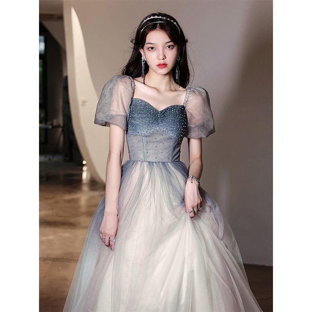 / Gradient Gown Mesh Midi Puff-Sleeve A-Line Dress Evening