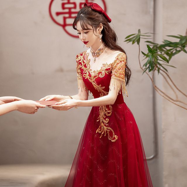 Fringed Dress / Evening Sequin Gown Midi Short-Sleeve A-Line