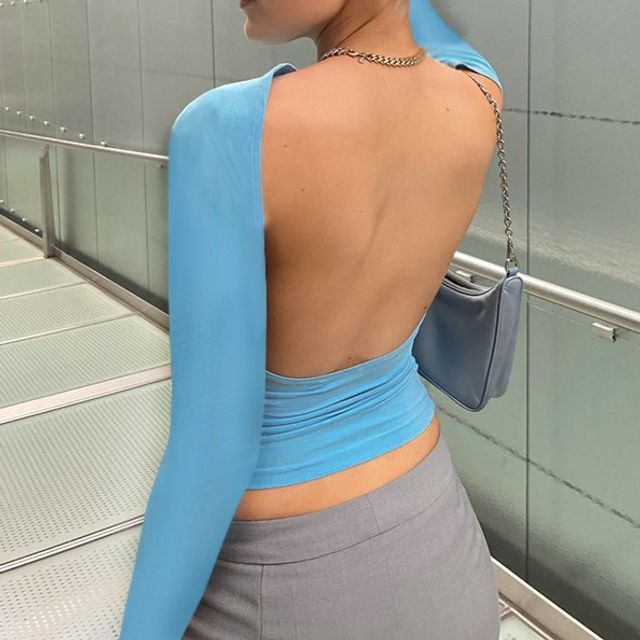 Crop Neck T-Shirt Long-Sleeve Two Plain Backless Boat Way