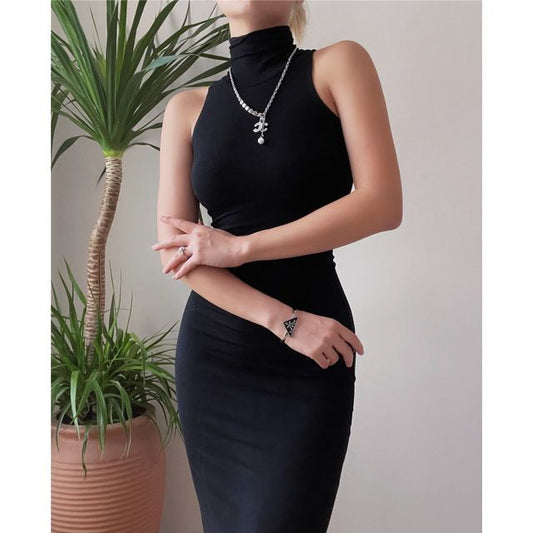 Turtleneck Plain Sleeveless Slim-Fit Dress