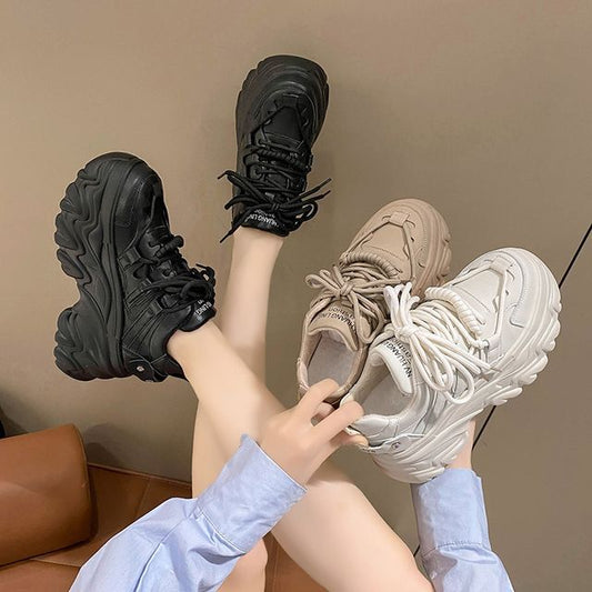 Faux Leather Sneakers Lettering Fleece-Lined Plain Print Platform