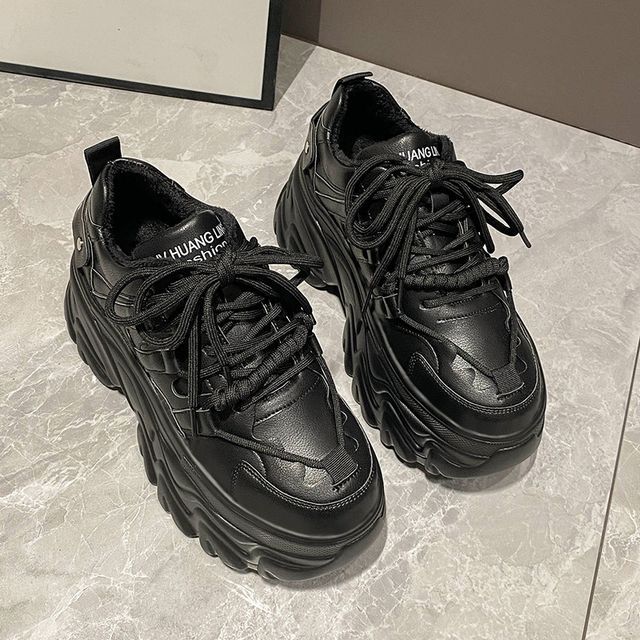 Faux Leather Sneakers Lettering Fleece-Lined Plain Print Platform