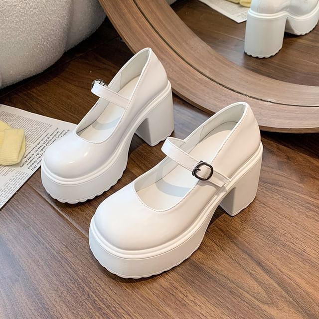 Leather Platform Shoes Faux Heel Mary Block Jane