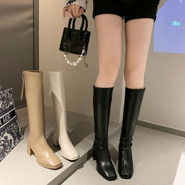 Leather Faux Boots Block-Heel Tall