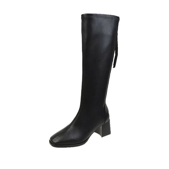 Leather Faux Boots Block-Heel Tall