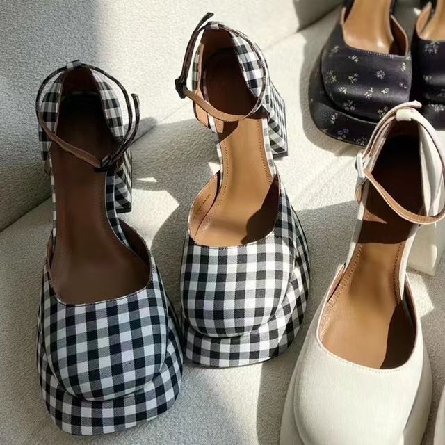 Block-Heel Pumps Strap Ankle Square-Toe