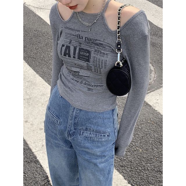 Top Long-Sleeve Slim-Fit Cold-Shoulder Print