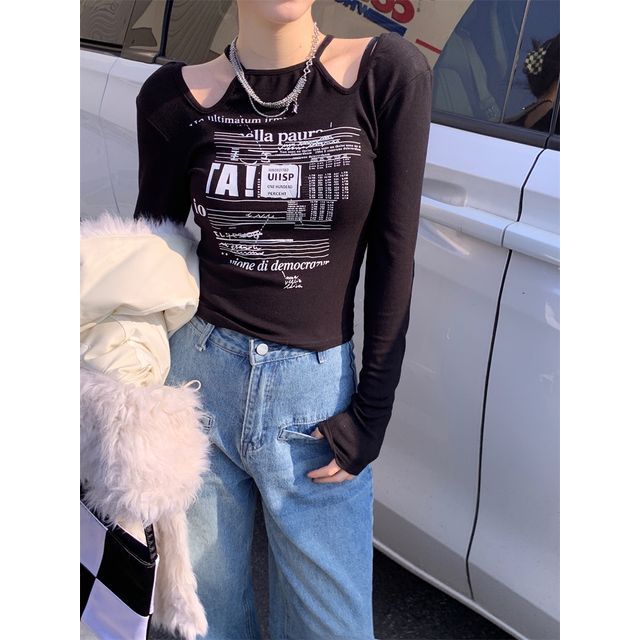 Top Long-Sleeve Slim-Fit Cold-Shoulder Print