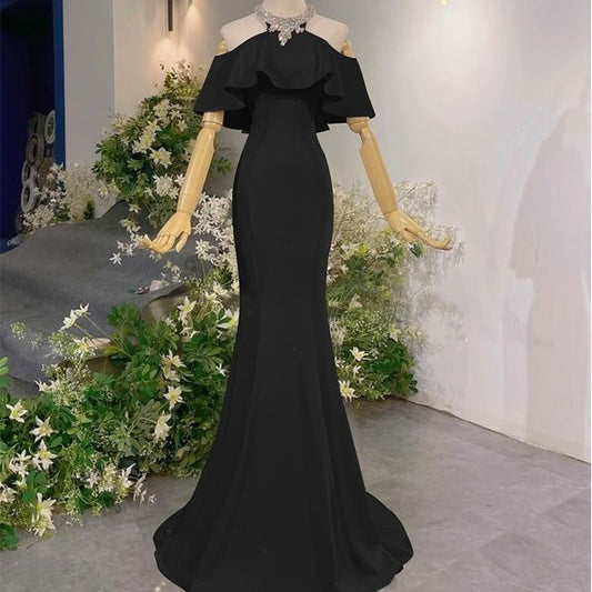 Rhinestone Evening Mermaid Gown Cold-Shoulder