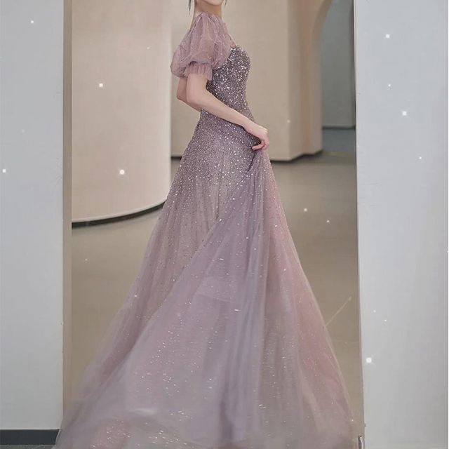 Neck Puff-Sleeve Sequin Gown A-Line Square Evening