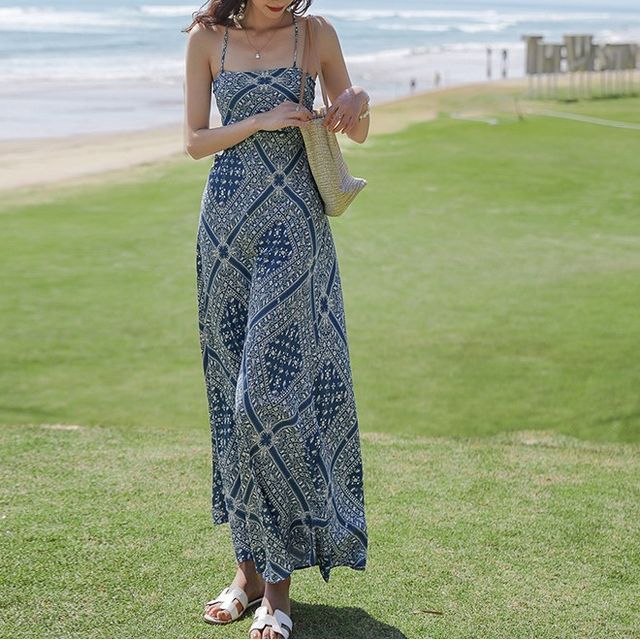 Spaghetti Strap A-Line Paisley Dress Midi Print
