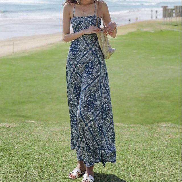 Spaghetti Strap A-Line Paisley Dress Midi Print