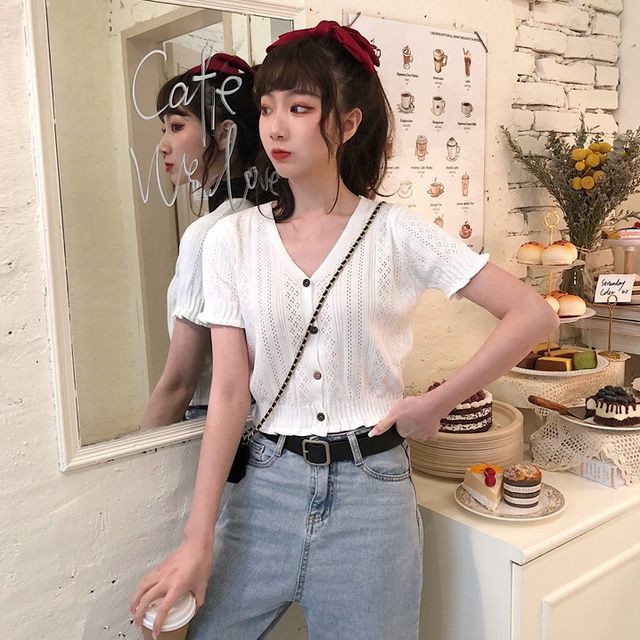 V-Neck Short-Sleeve Button-Up Knit Top Perforated