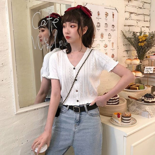 V-Neck Short-Sleeve Button-Up Knit Top Perforated