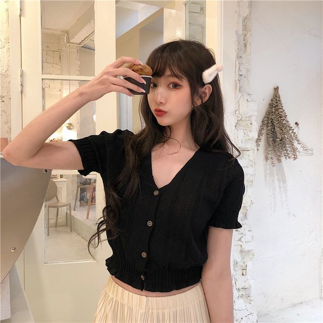 V-Neck Short-Sleeve Button-Up Knit Top Perforated