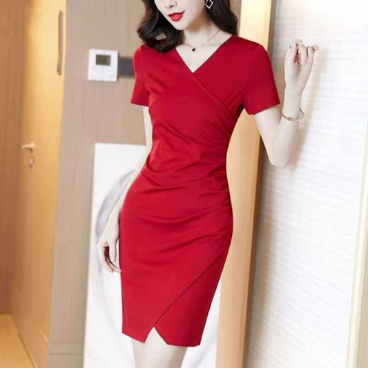 Mini Plain Wrap Dress Bodycon Short-Sleeve V-Neck