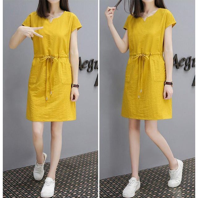 Dress A-Line Mini Plain Short-Sleeve V-Neck Drawstring-Waist
