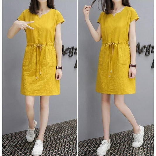 Dress A-Line Mini Plain Short-Sleeve V-Neck Drawstring-Waist