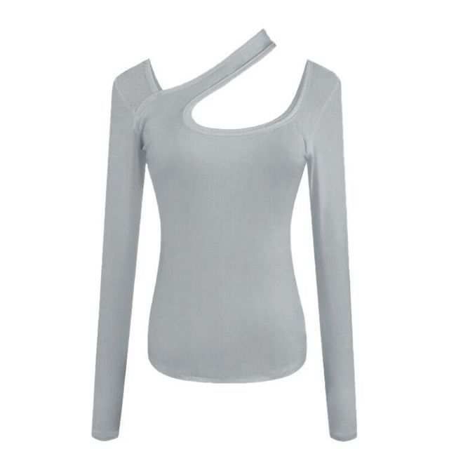 Neck Asymmetrical T-Shirt Long-Sleeve Plain Cutout