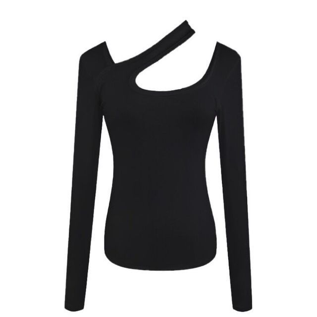 Neck Asymmetrical T-Shirt Long-Sleeve Plain Cutout
