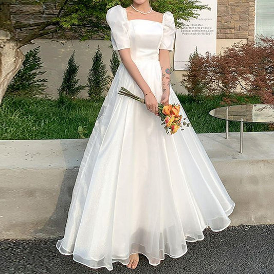 Neck Short-Sleeve Wedding Dress Square / A-Line Gown Plain Midi