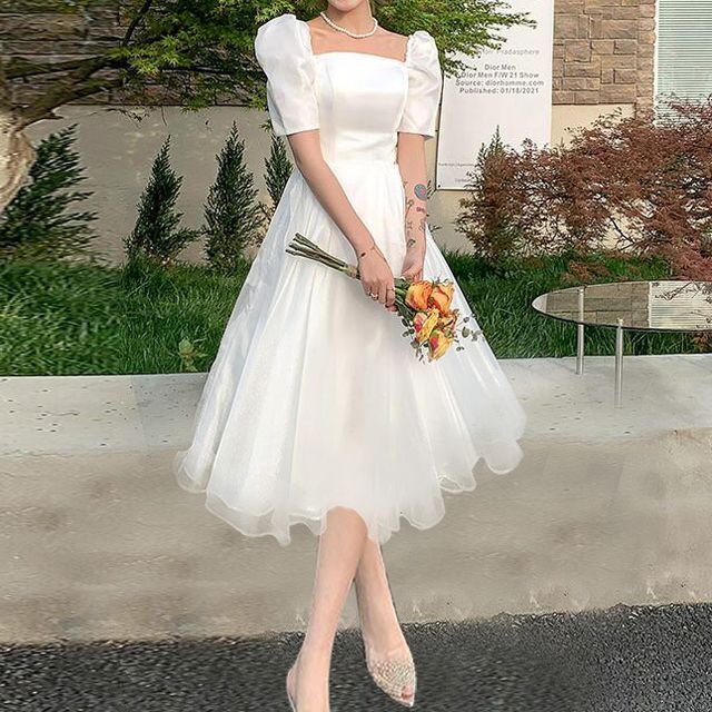 Neck Short-Sleeve Wedding Dress Square / A-Line Gown Plain Midi