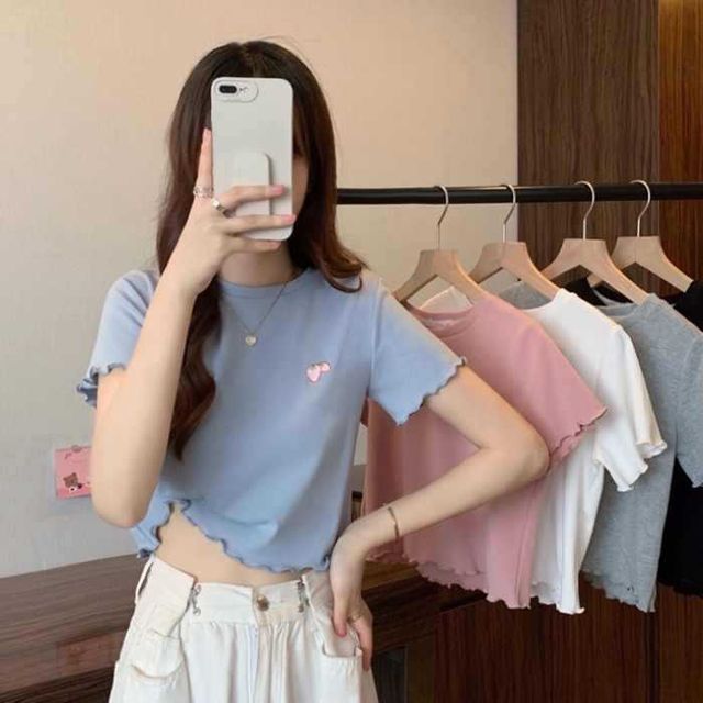 T-Shirt Crop Embroidered Neck Crew Short-Sleeve