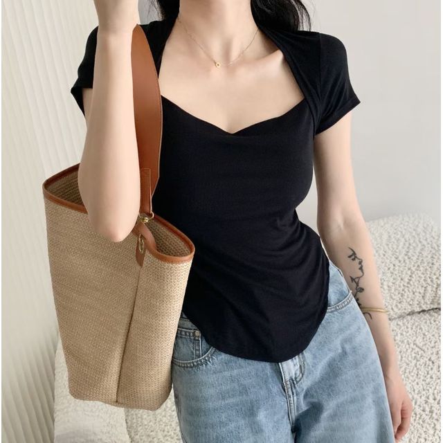 Square Plain T-Shirt Short-Sleeve Neck