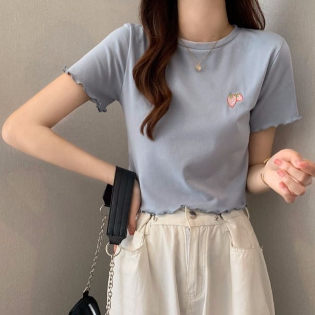T-Shirt Crop Embroidered Neck Crew Short-Sleeve