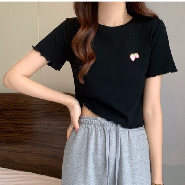 T-Shirt Crop Embroidered Neck Crew Short-Sleeve